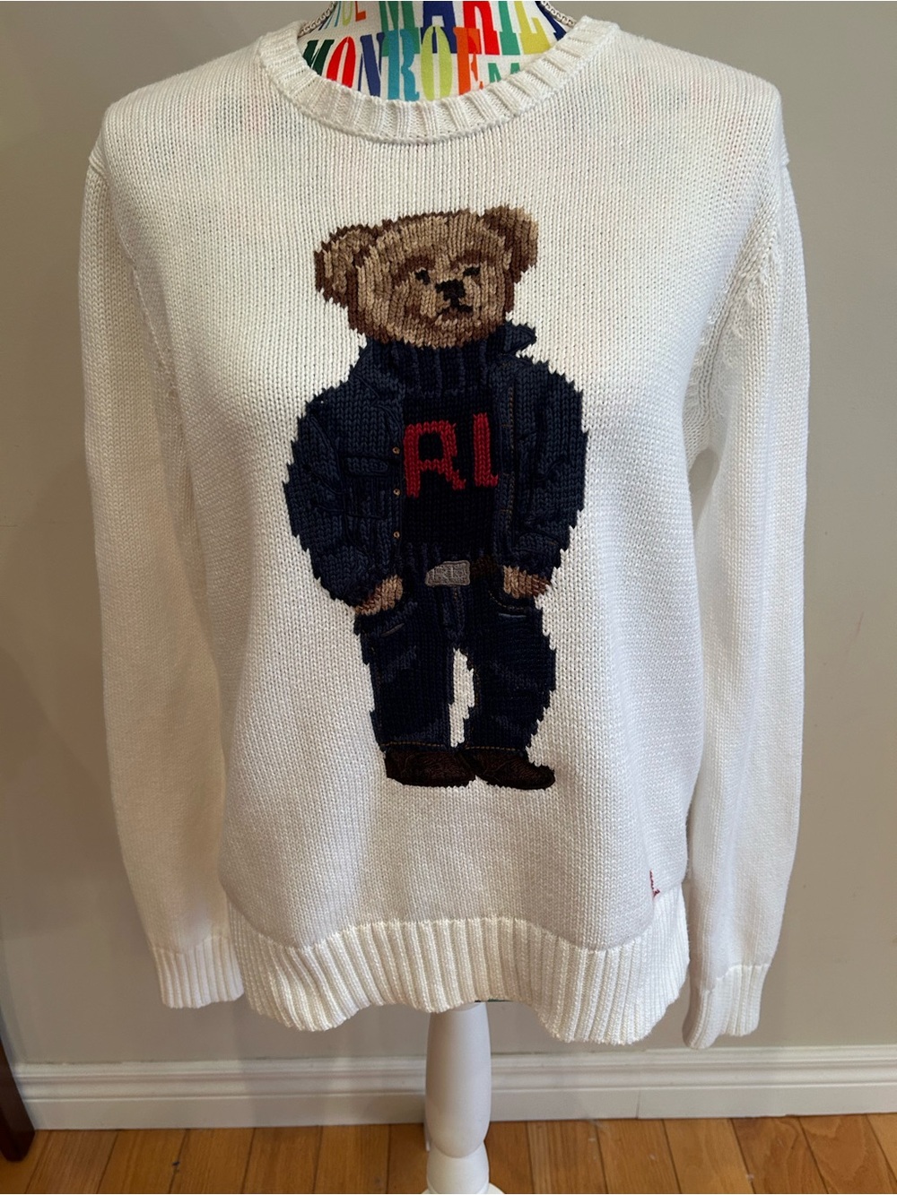 NWOT Polo Ralph Lauren 100% Cotton White Crewneck Sweater with Polo Bear